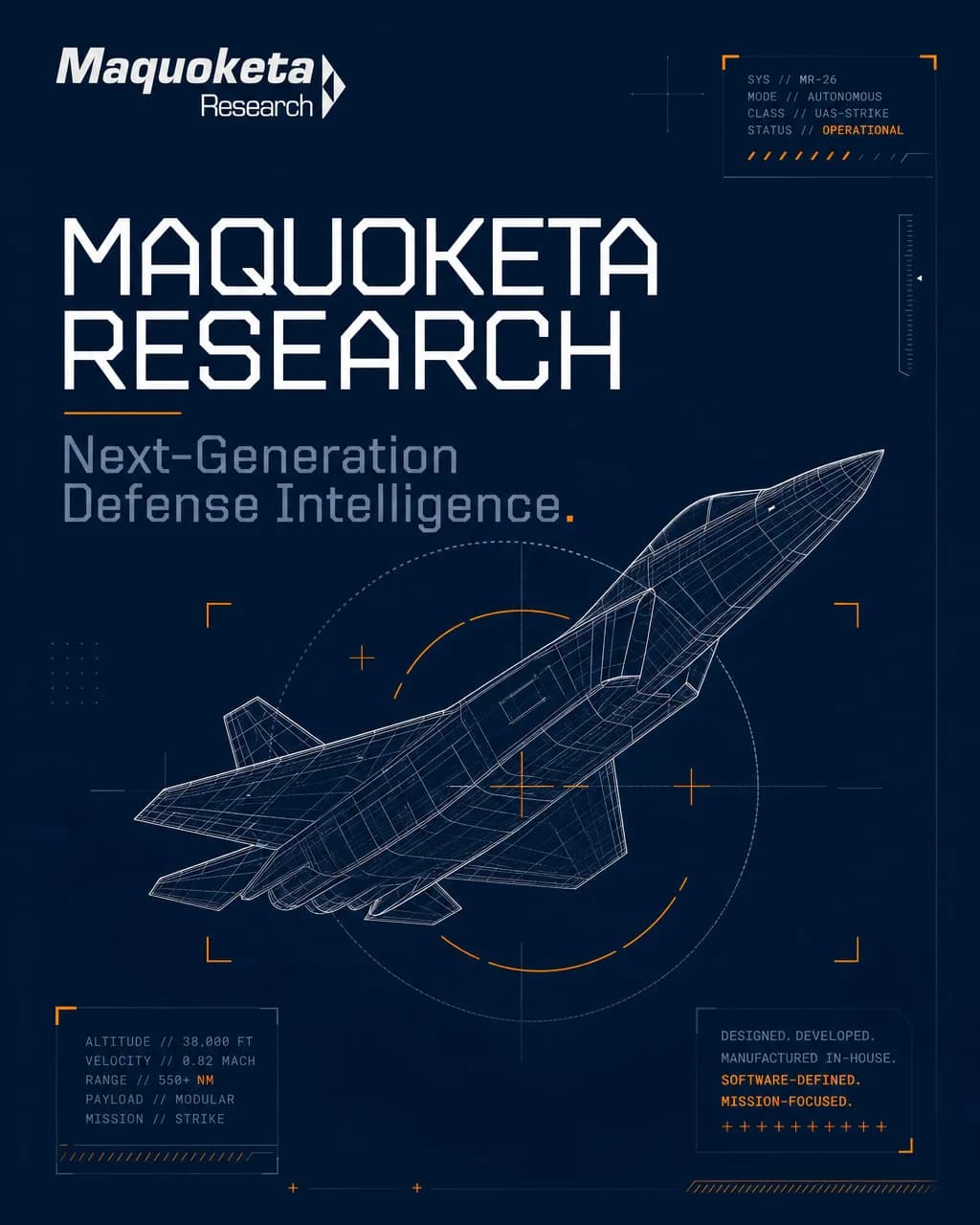Six-slide corporate deck for Maquoketa Research, a defence intelligence concept brand, slide 1 of 6