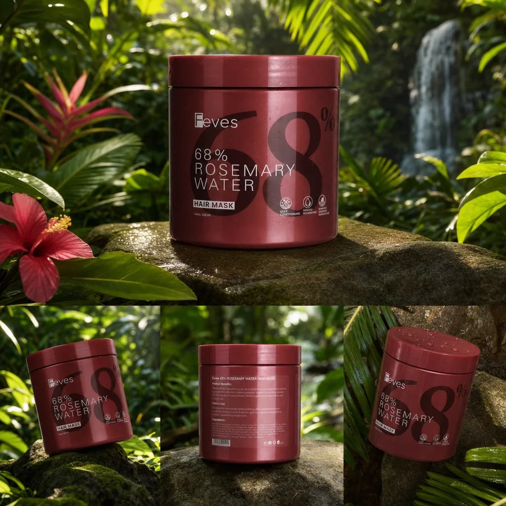 Six-up product photography set for Feves 68% Rosemary Water, shot on wet stone in rainforest light