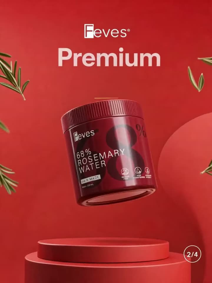 Feves 68% Rosemary Water hair mask turning on a red podium
