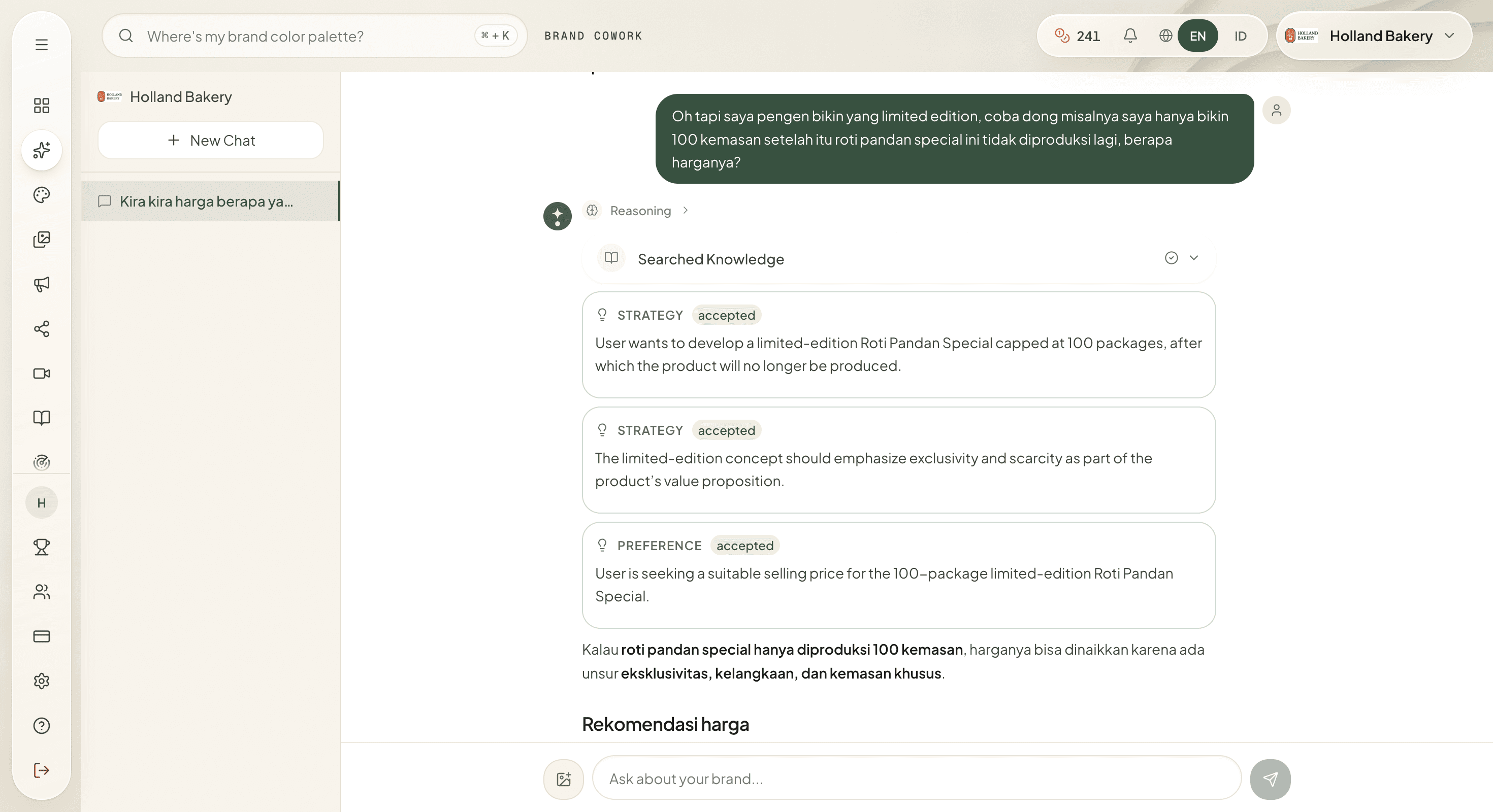 Brand Cowork. Discuss an idea. Review the brand preferences saved from your conversation.